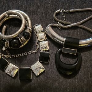Black and Silver Statement Jewelry Set - Women's Necklace and Bracelet